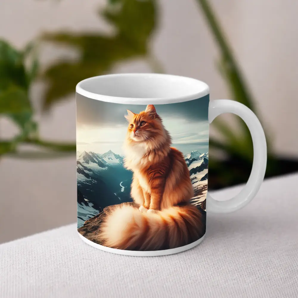 Orange Norwegian Forest Cat Snowy Mountain Summit – Mugs