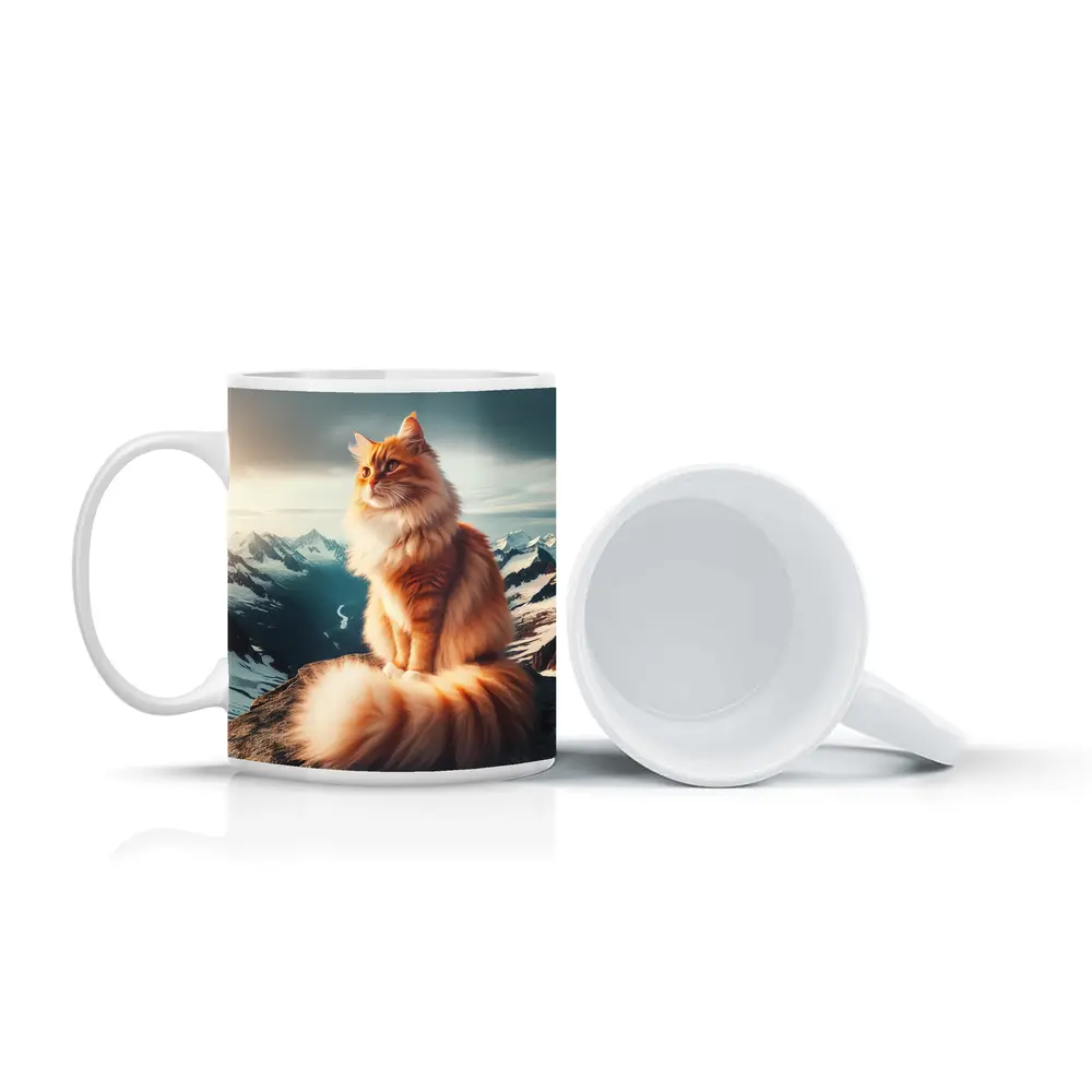 Orange Norwegian Forest Cat Snowy Mountain Summit – Mugs