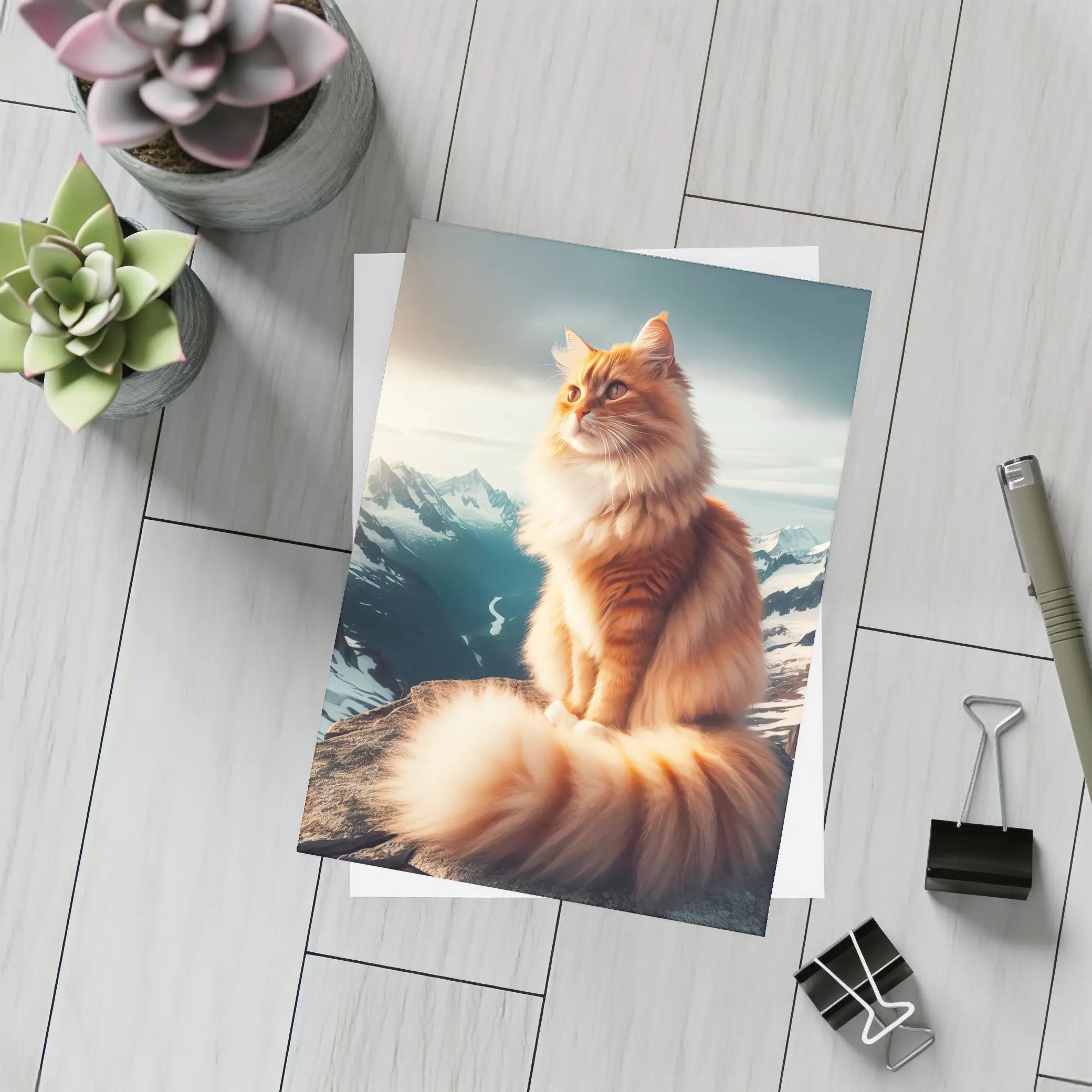 Orange Norwegian Forest Cat Snowy Mountain Summit – Postcards