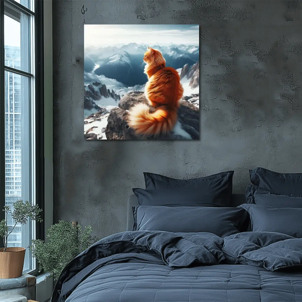 Orange Cat Sitting on Snowy Mountain Peak – Wall Art