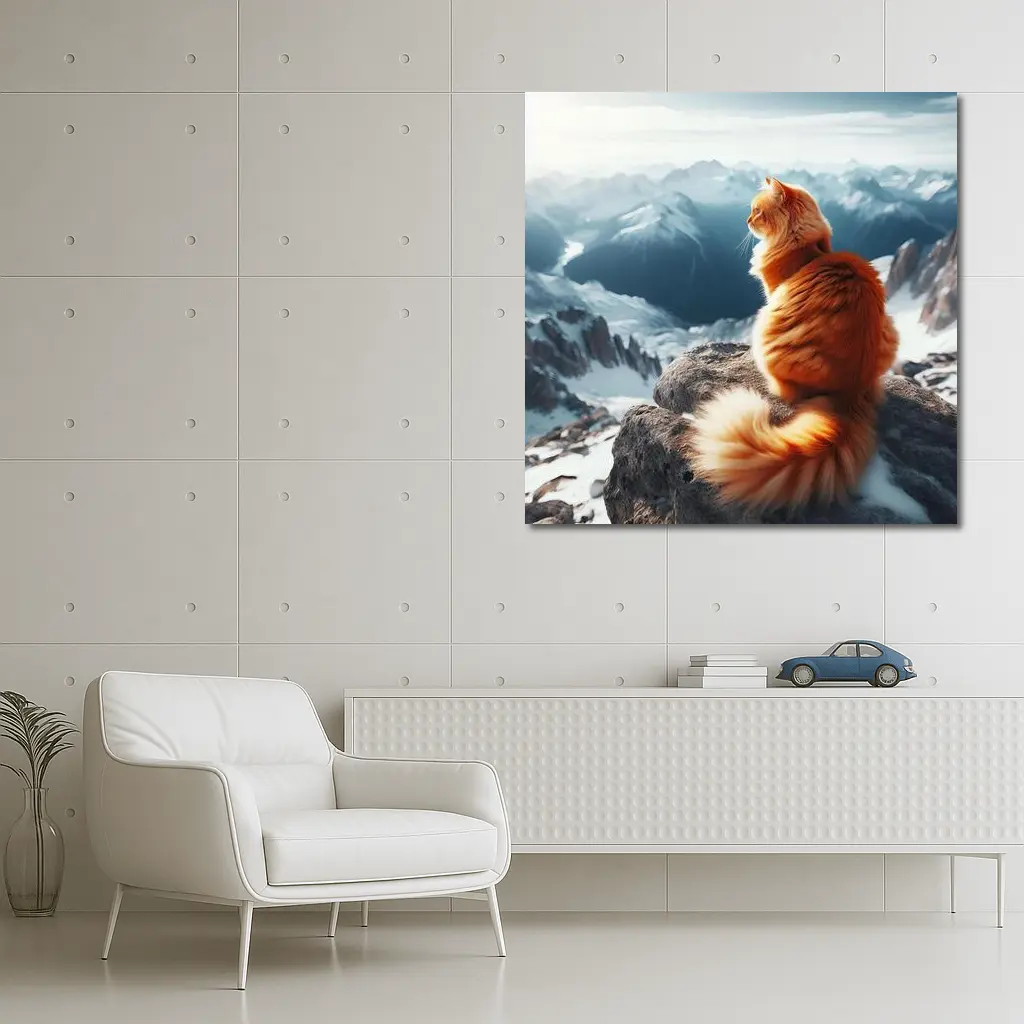 Orange Cat Sitting on Snowy Mountain Peak – Wall Art
