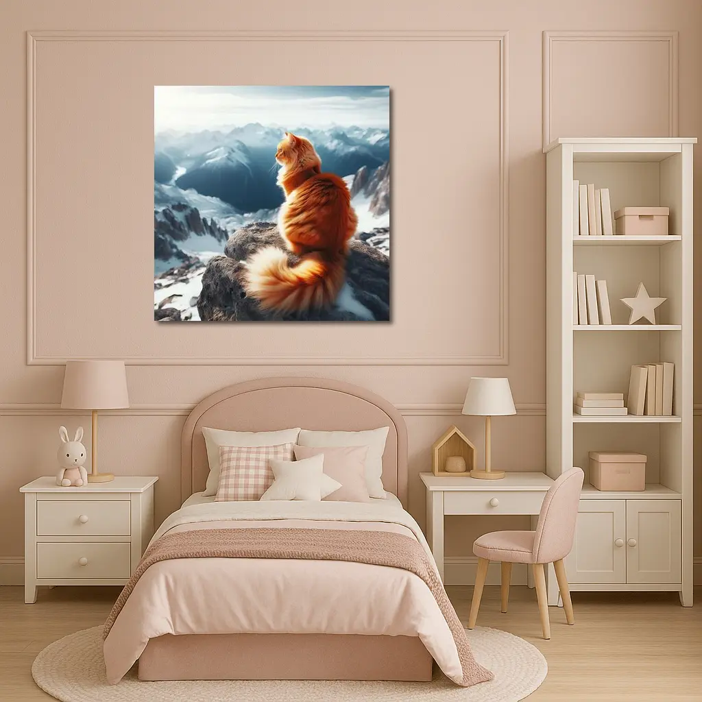 Orange Cat Sitting on Snowy Mountain Peak – Wall Art