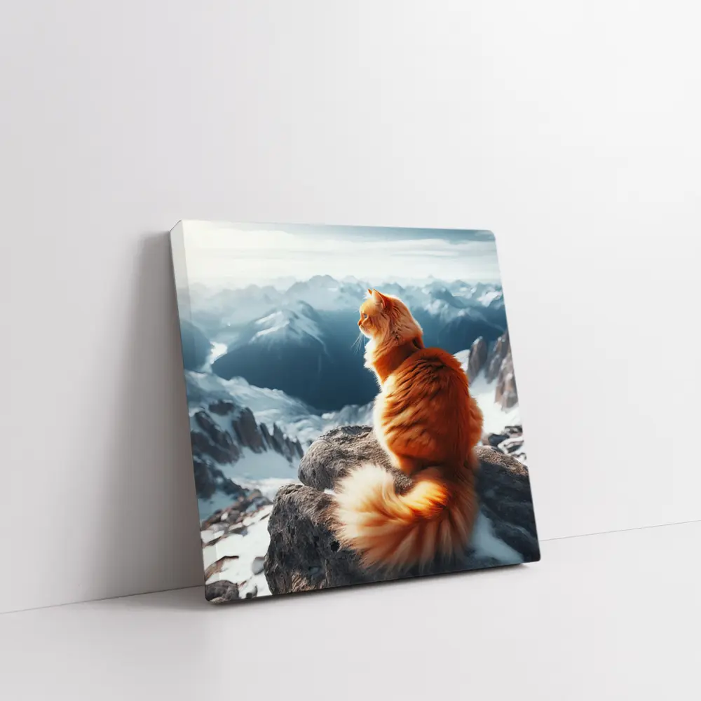Orange Cat Sitting on Snowy Mountain Peak – Wall Art