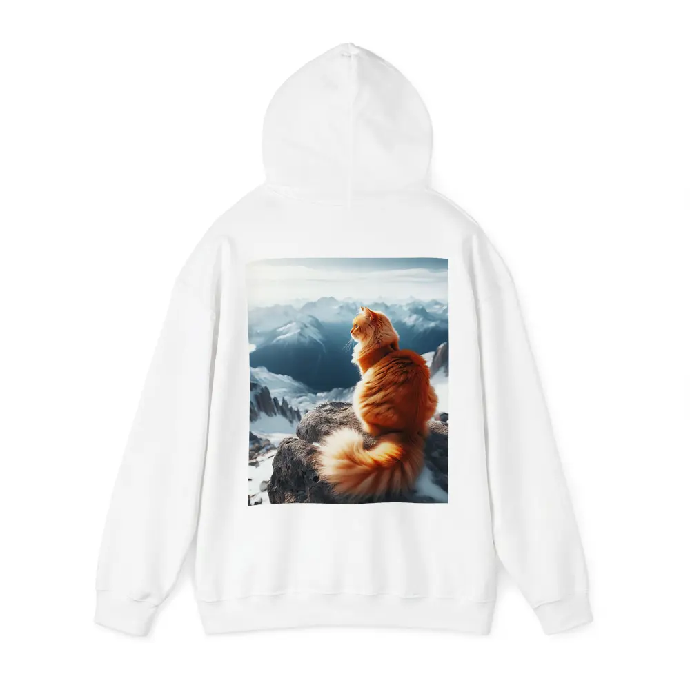Orange Cat Sitting on Snowy Mountain Peak – Hoodies