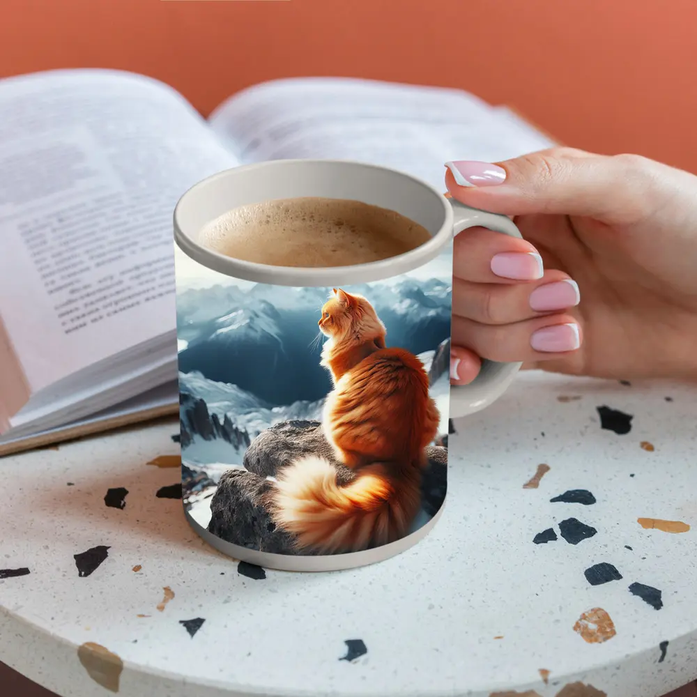 Orange Cat Sitting on Snowy Mountain Peak – Mugs