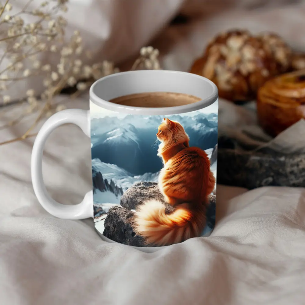 Orange Cat Sitting on Snowy Mountain Peak – Mugs