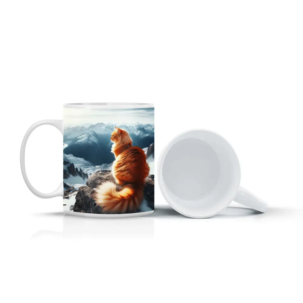 Orange Cat Sitting on Snowy Mountain Peak – Mugs