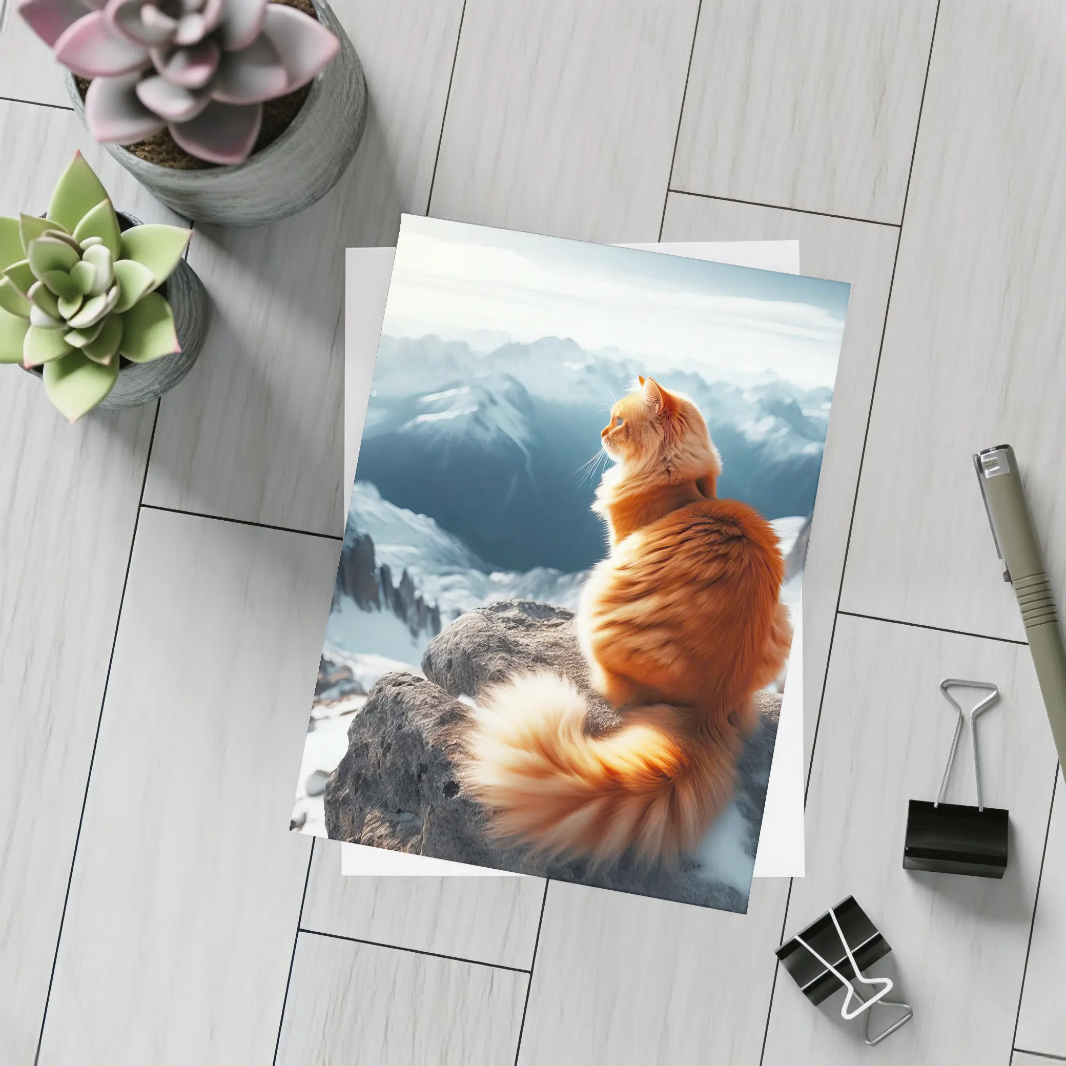 Orange Cat Sitting on Snowy Mountain Peak – Postcards