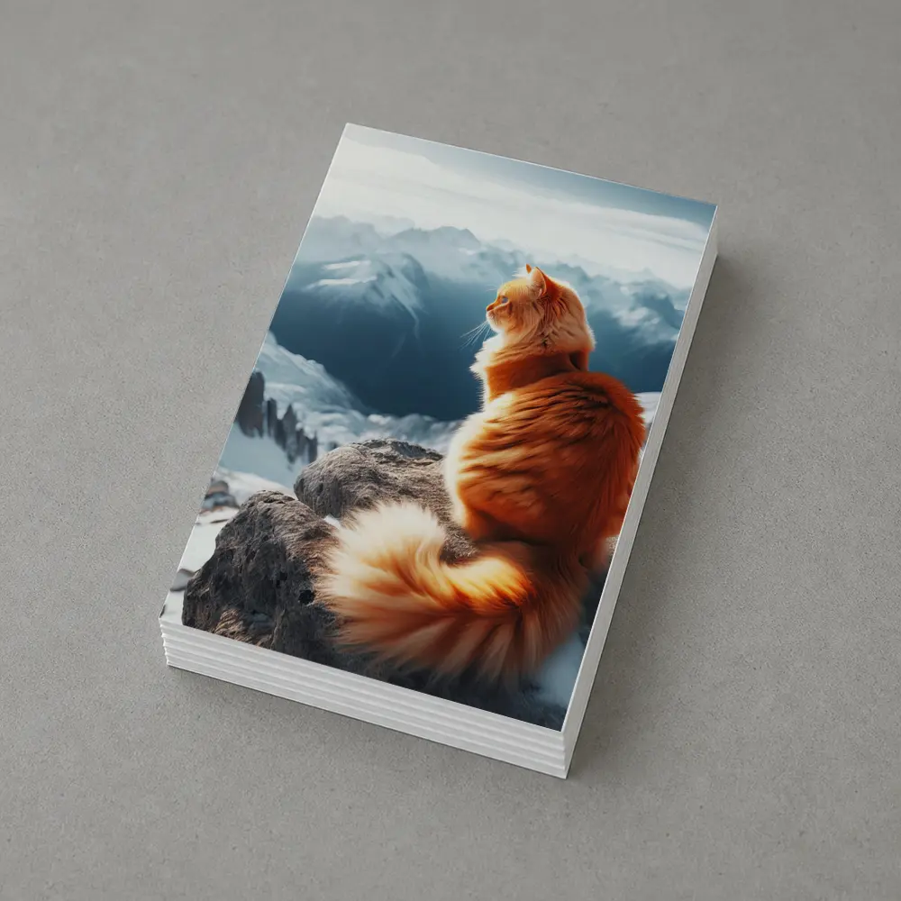 Orange Cat Sitting on Snowy Mountain Peak – Postcards