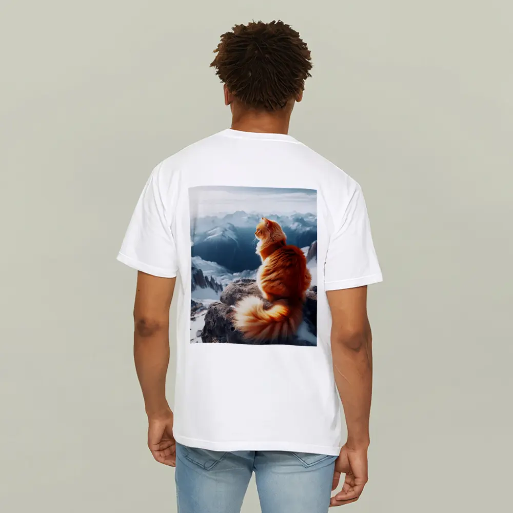 Orange Cat Sitting on Snowy Mountain Peak – T-Shirts