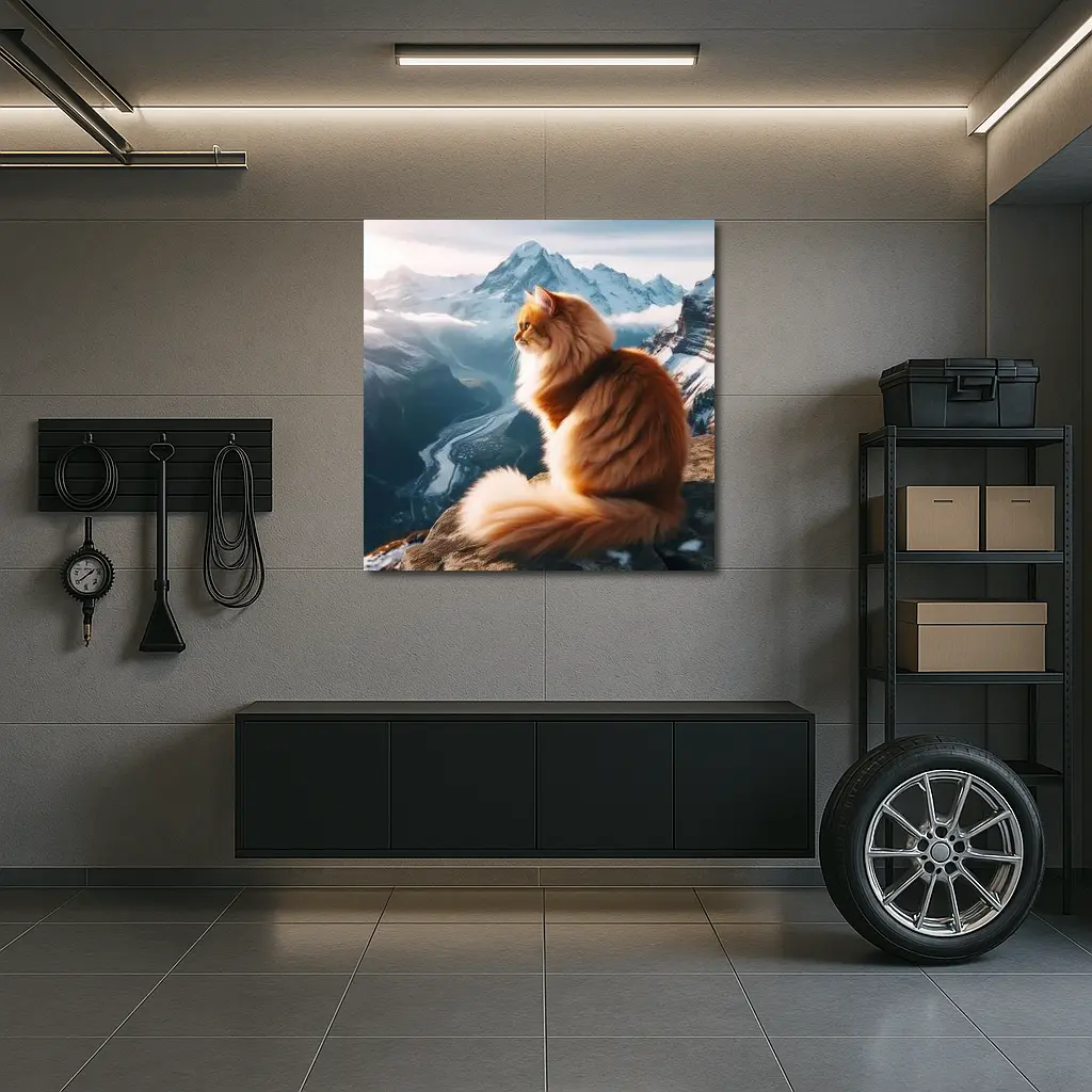 Fluffy Orange Cat Sitting on Mountain Peak – Wall Art