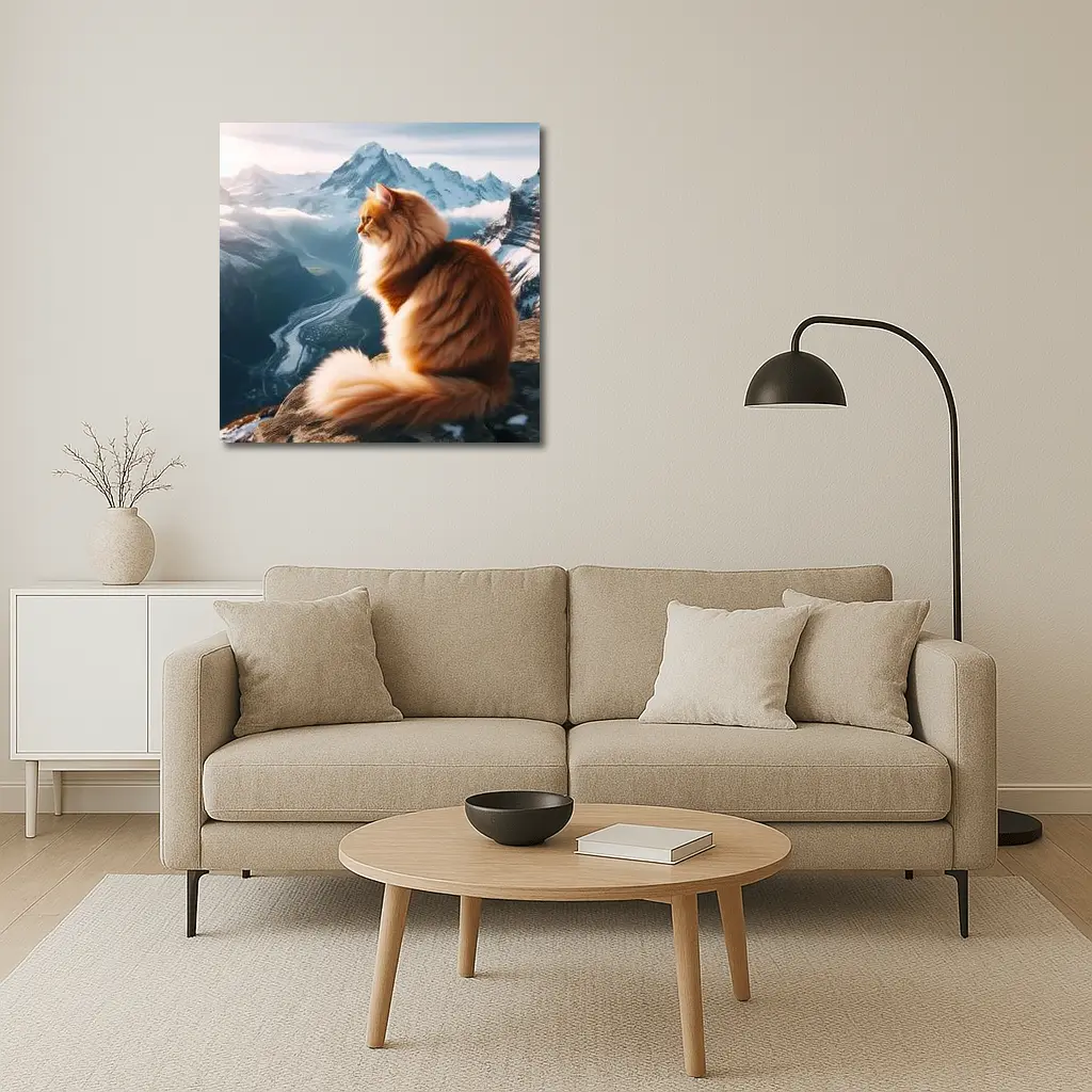 Fluffy Orange Cat Sitting on Mountain Peak – Wall Art