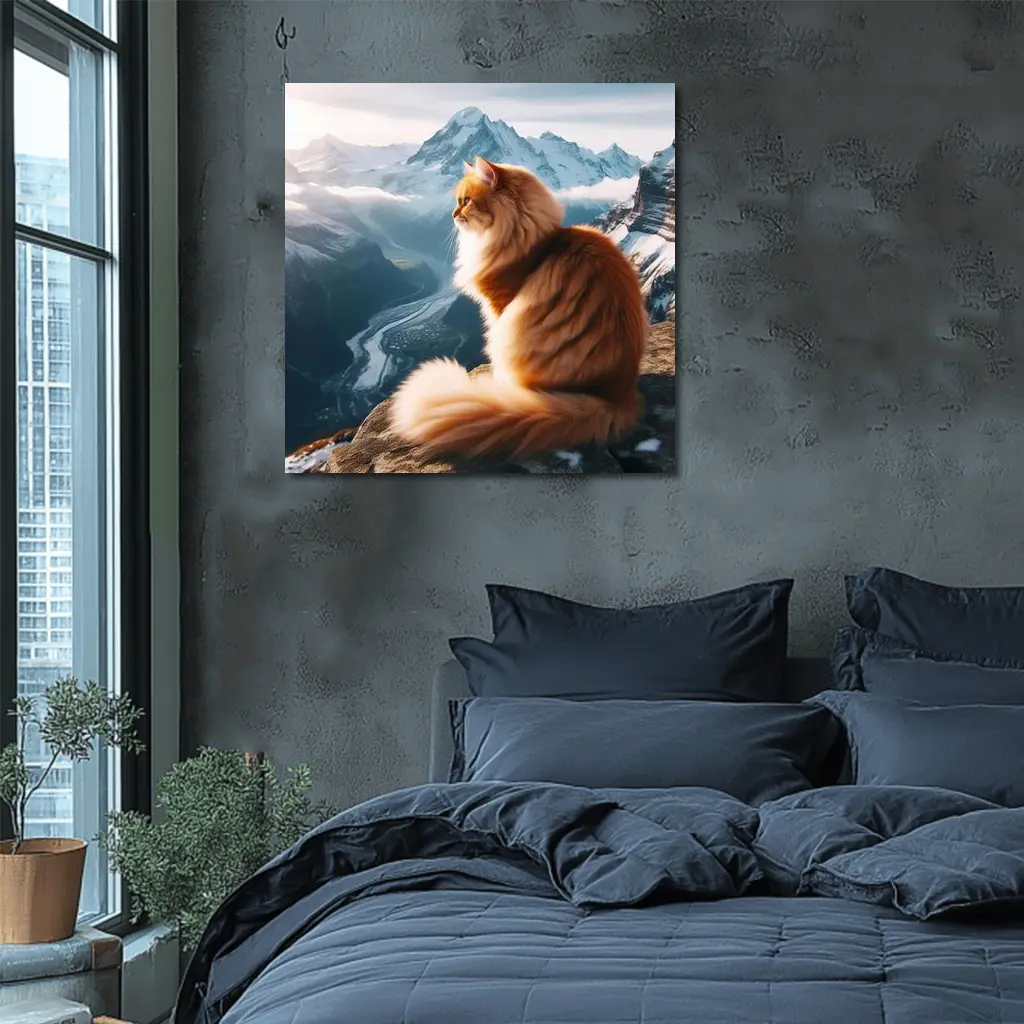 Fluffy Orange Cat Sitting on Mountain Peak – Wall Art