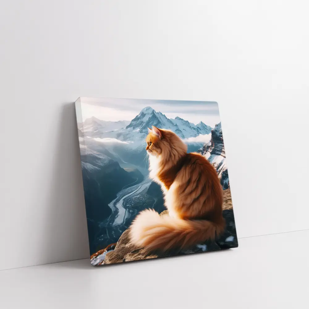 Fluffy Orange Cat Sitting on Mountain Peak – Wall Art
