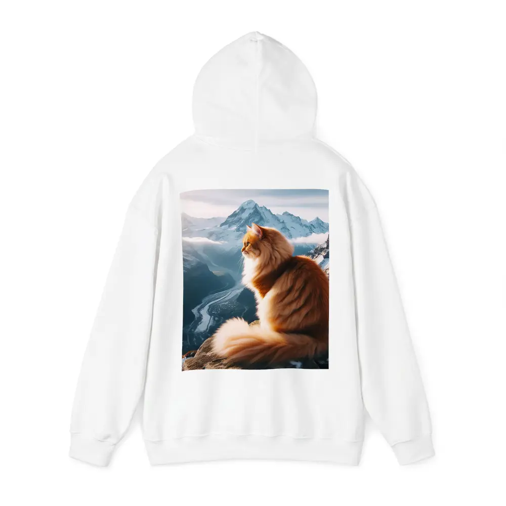 Fluffy Orange Cat Sitting on Mountain Peak – Hoodies