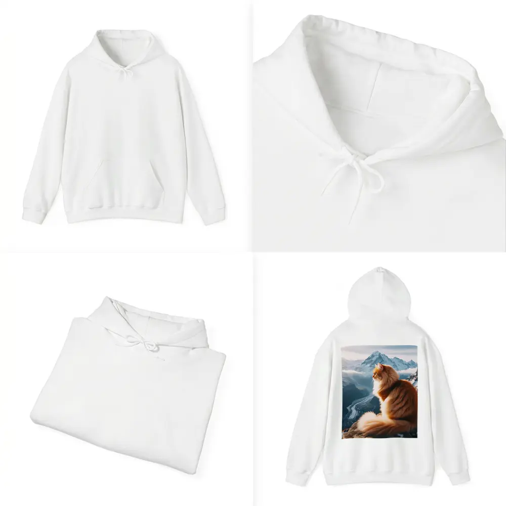 Fluffy Orange Cat Sitting on Mountain Peak – Hoodies