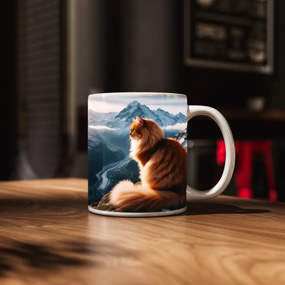 Fluffy Orange Cat Sitting on Mountain Peak – Mugs