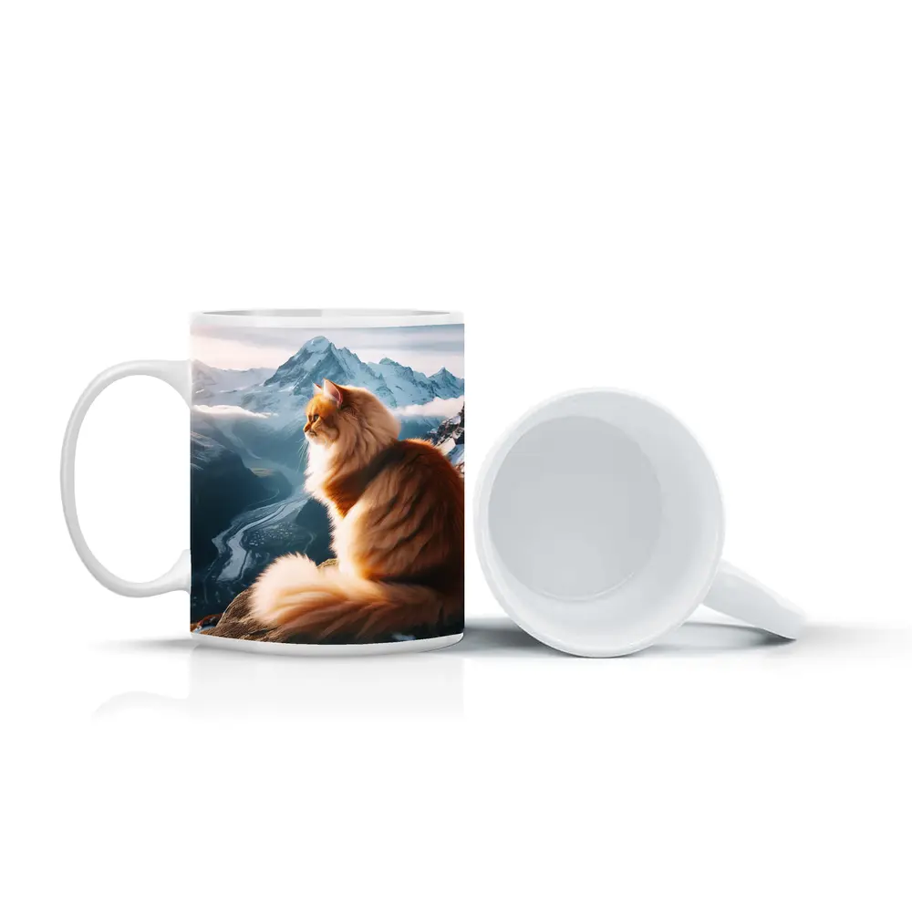 Fluffy Orange Cat Sitting on Mountain Peak – Mugs