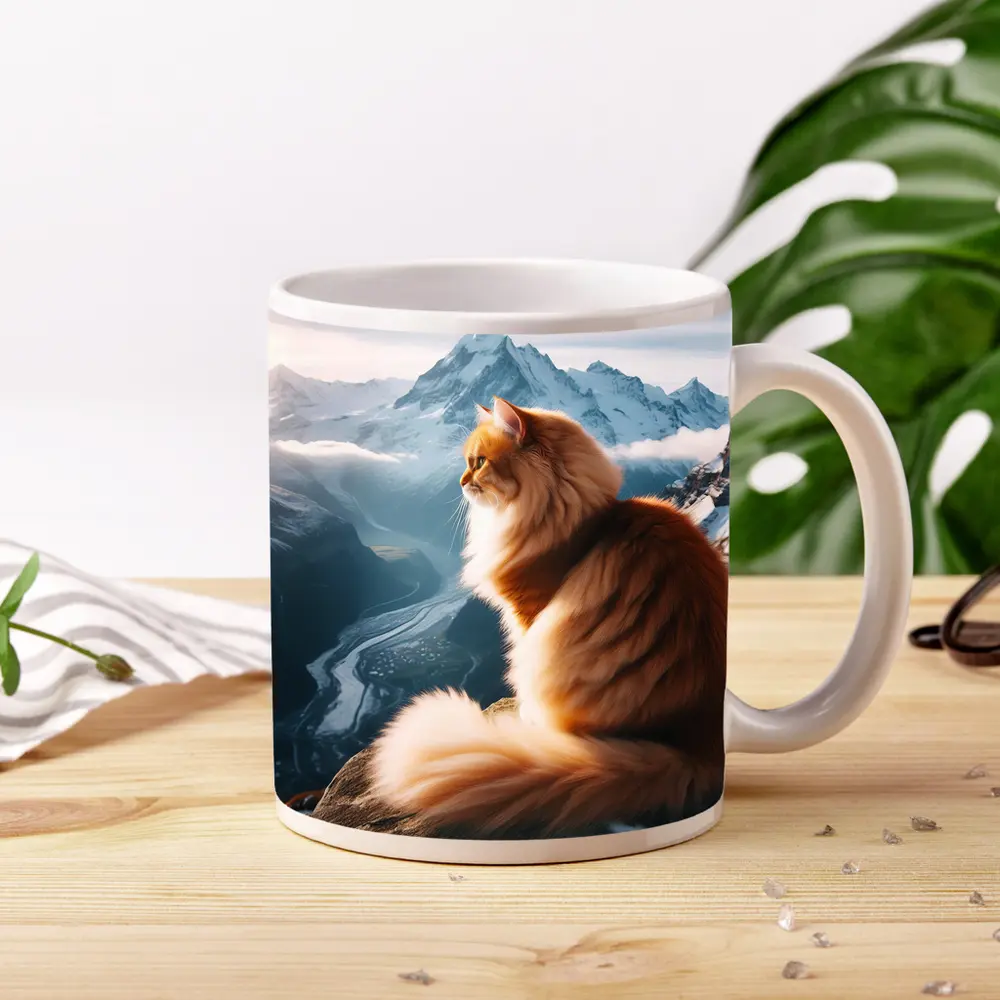 Fluffy Orange Cat Sitting on Mountain Peak – Mugs