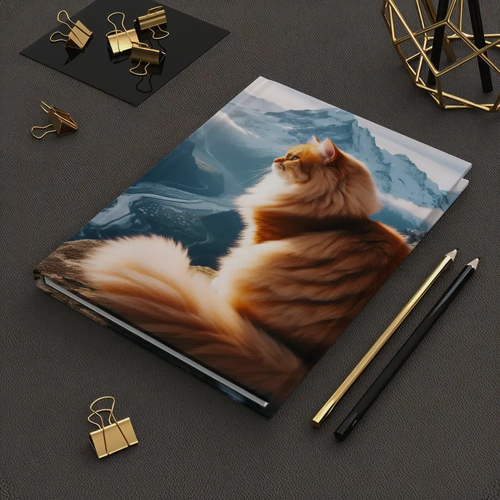 Fluffy Orange Cat Sitting on Mountain Peak – Notebooks