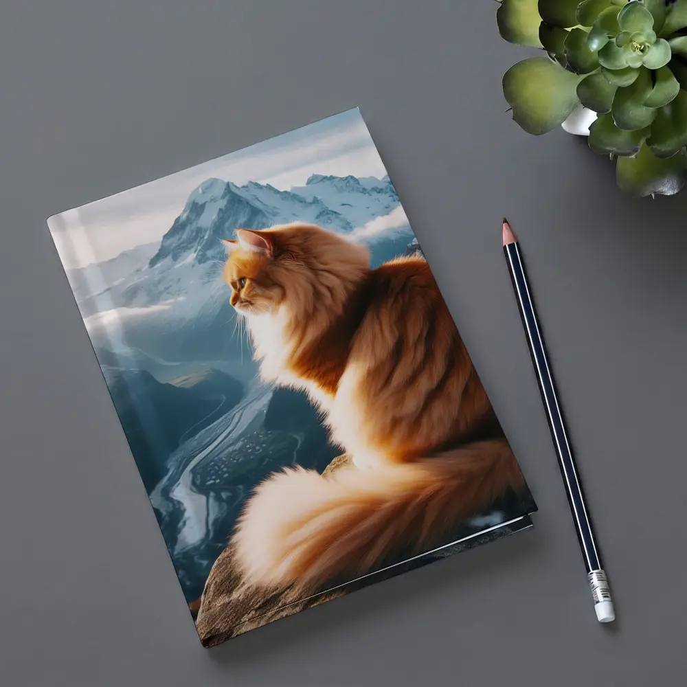 Fluffy Orange Cat Sitting on Mountain Peak – Notebooks