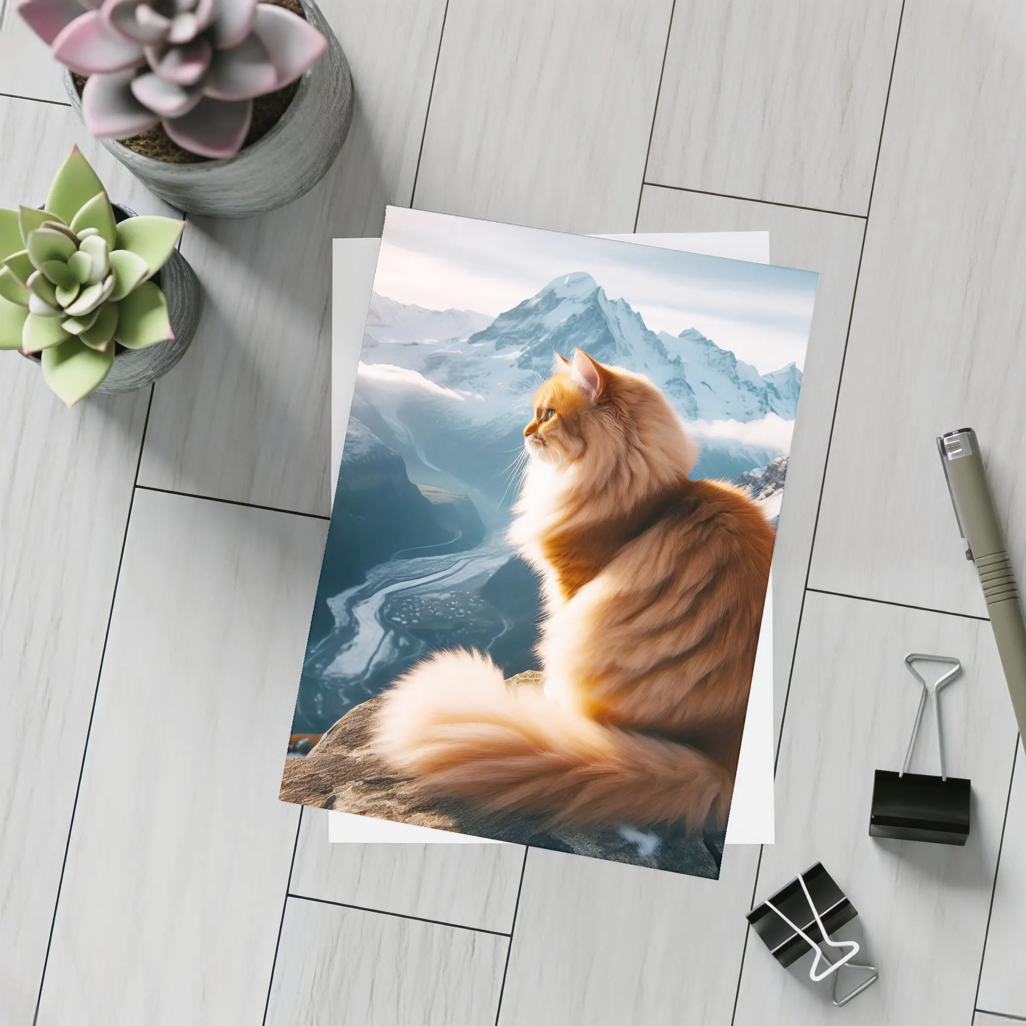 Fluffy Orange Cat Sitting on Mountain Peak – Postcards