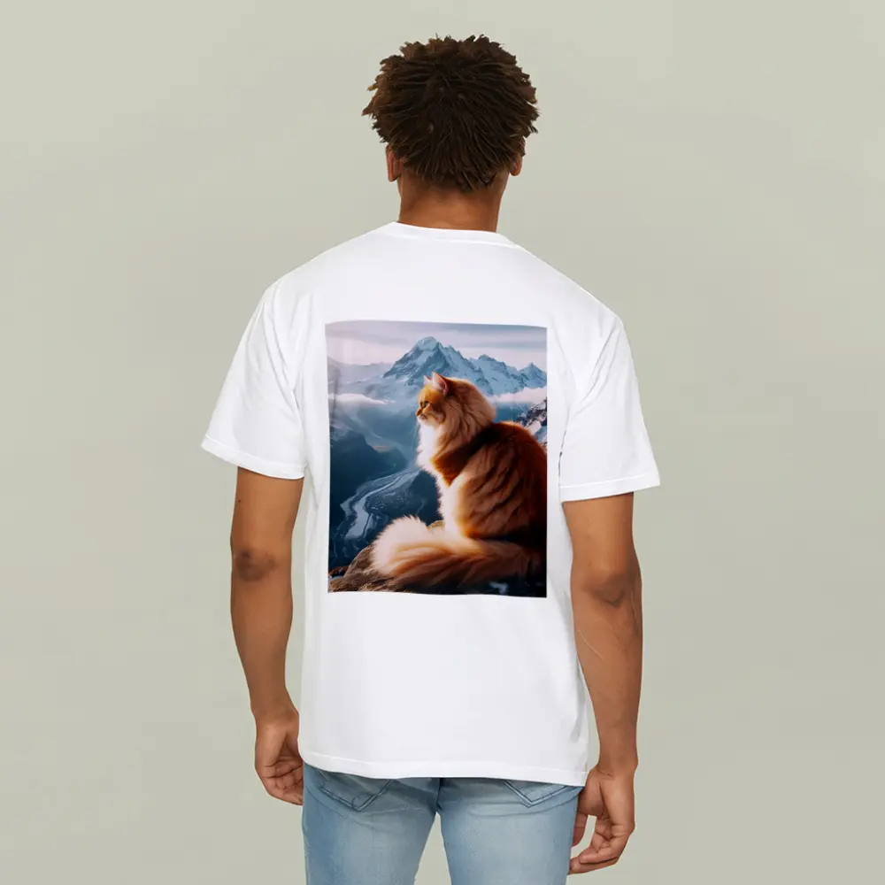 Fluffy Orange Cat Sitting on Mountain Peak – T-Shirts
