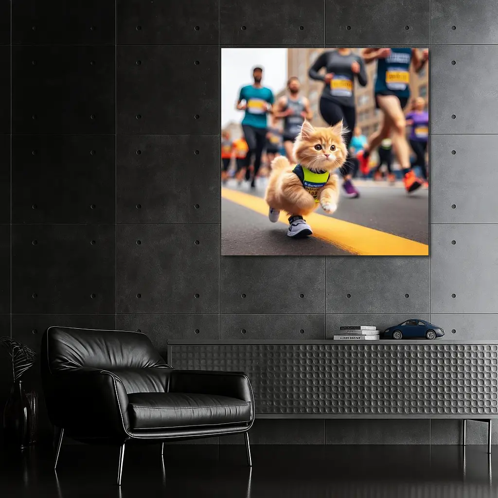 Kitten Running Marathon Race City Street – Wall Art