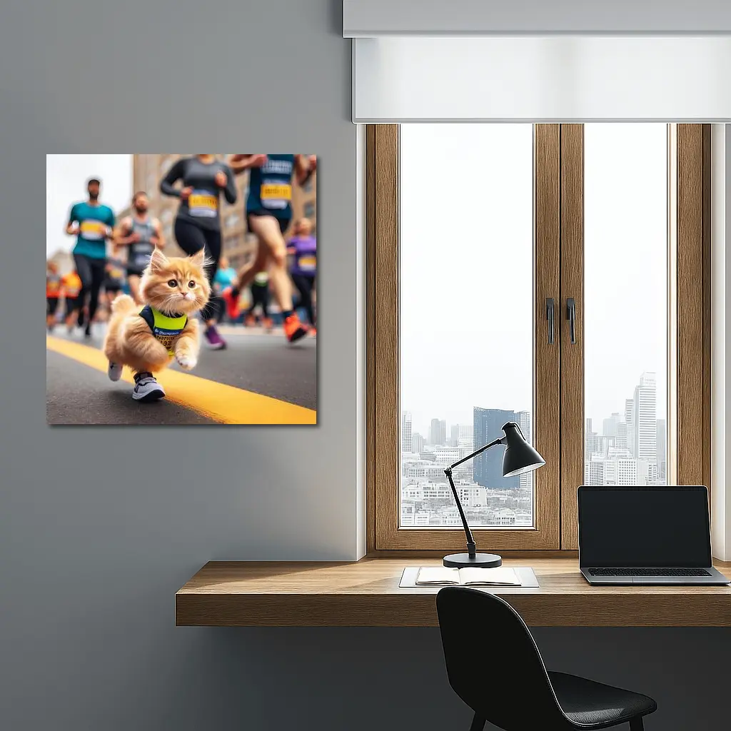 Kitten Running Marathon Race City Street – Wall Art