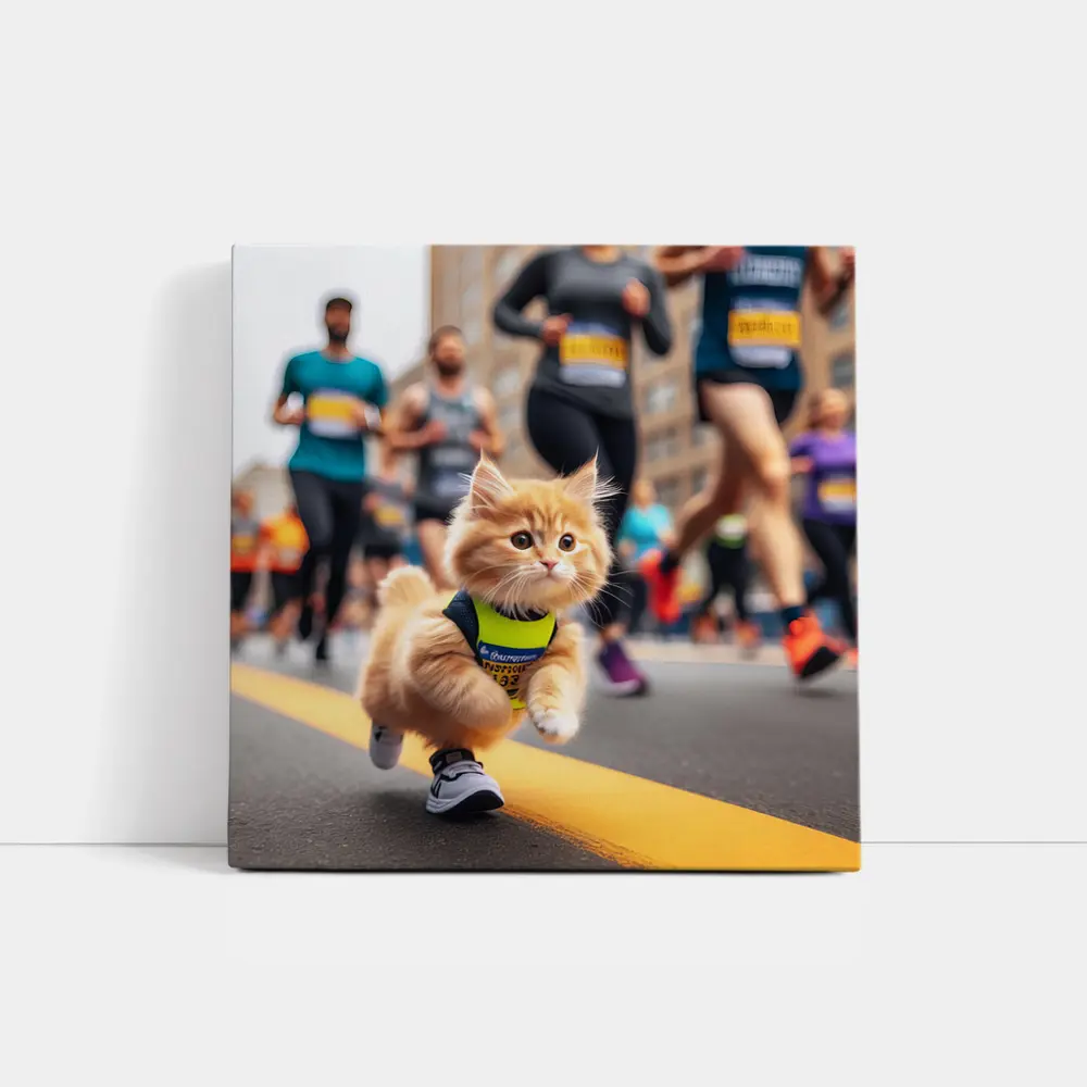 Kitten Running Marathon Race City Street – Wall Art