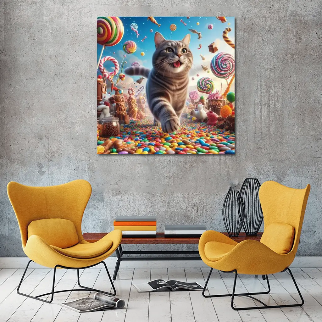 Gray Tabby Cat Running Through Candy Land – Wall Art