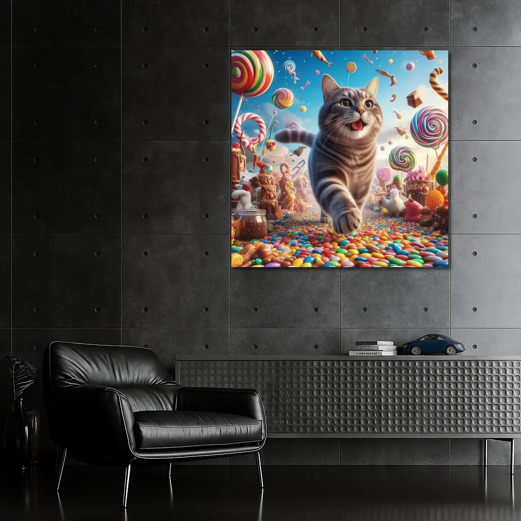 Gray Tabby Cat Running Through Candy Land – Wall Art