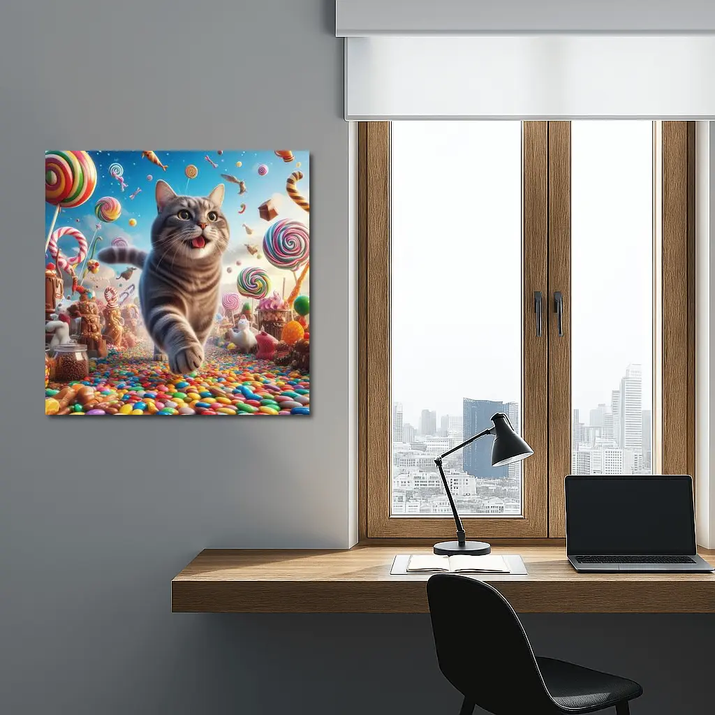 Gray Tabby Cat Running Through Candy Land – Wall Art