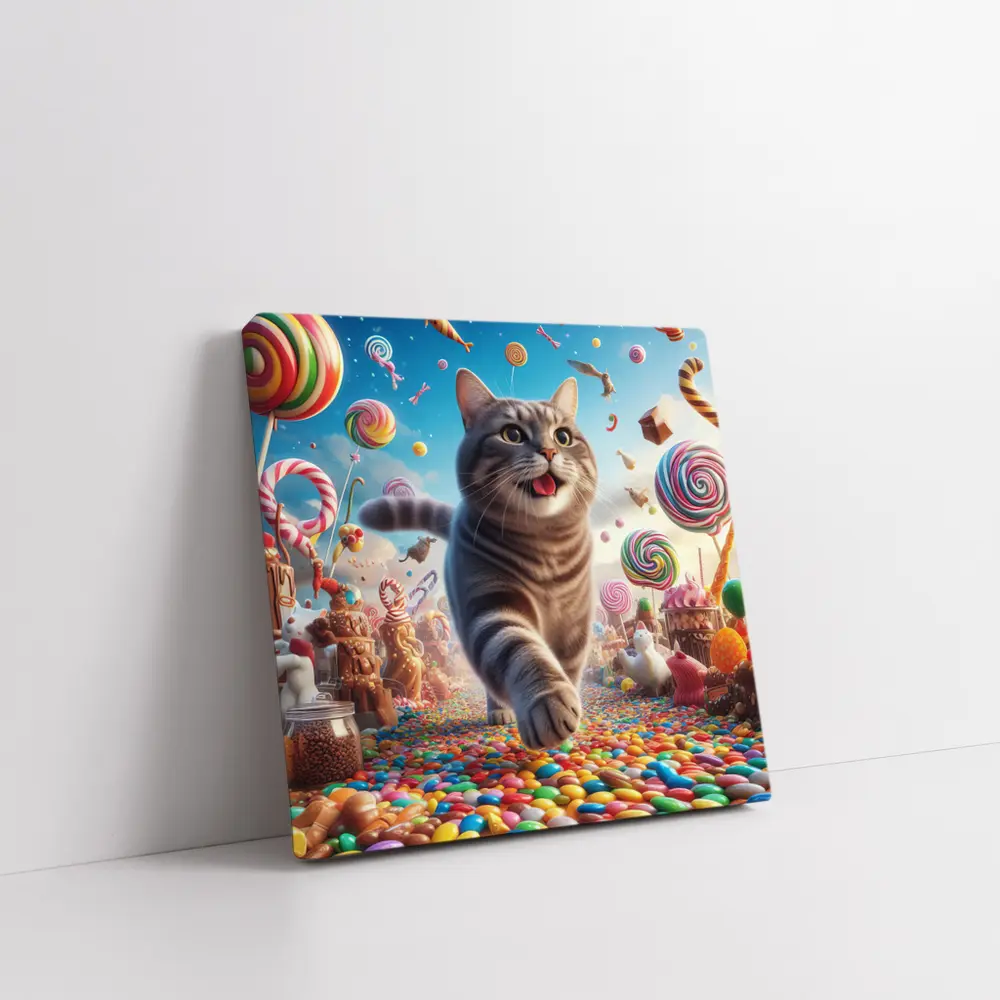 Gray Tabby Cat Running Through Candy Land – Wall Art
