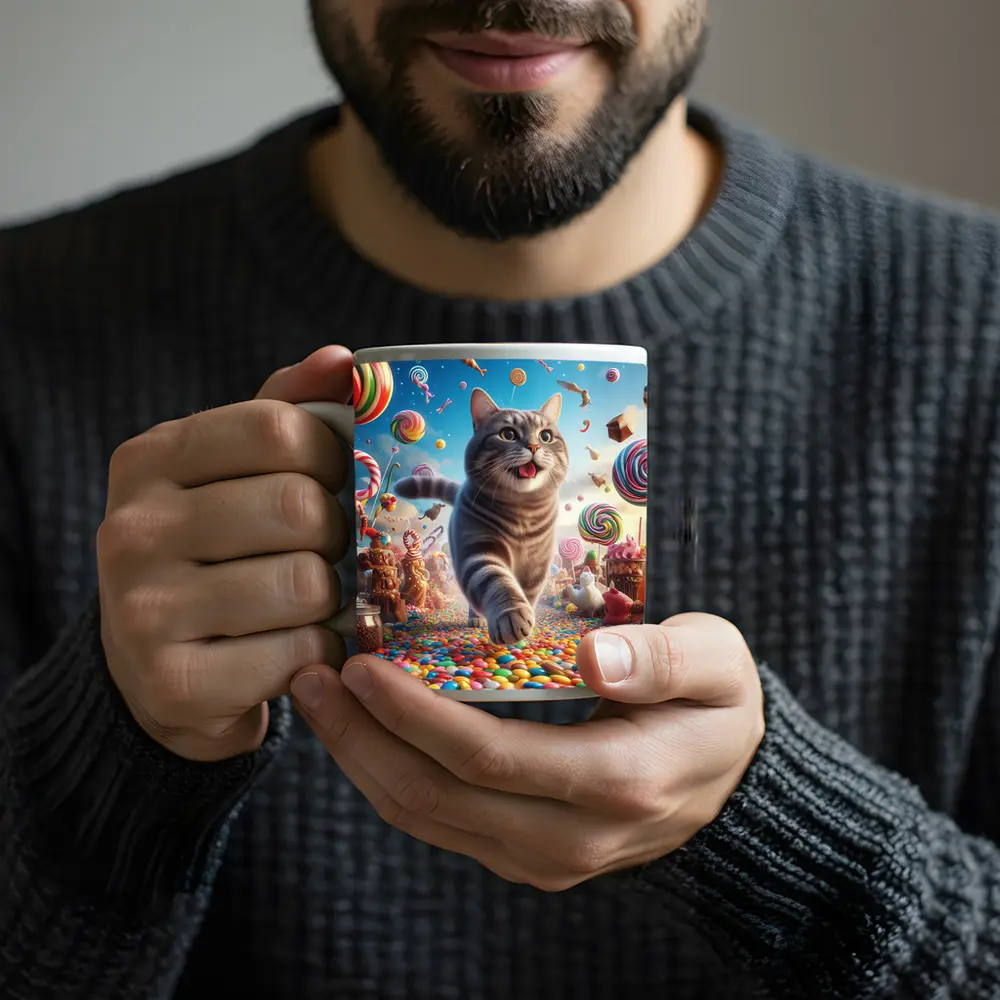 Gray Tabby Cat Running Through Candy Land – Mugs