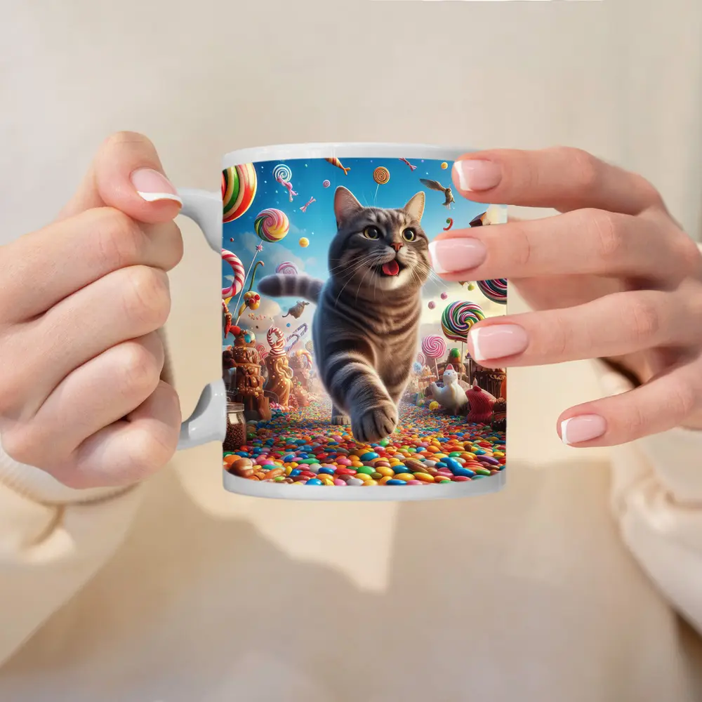 Gray Tabby Cat Running Through Candy Land – Mugs