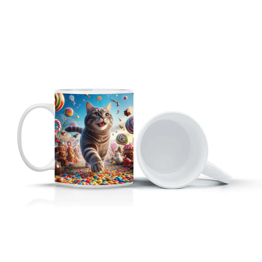 Gray Tabby Cat Running Through Candy Land – Mugs