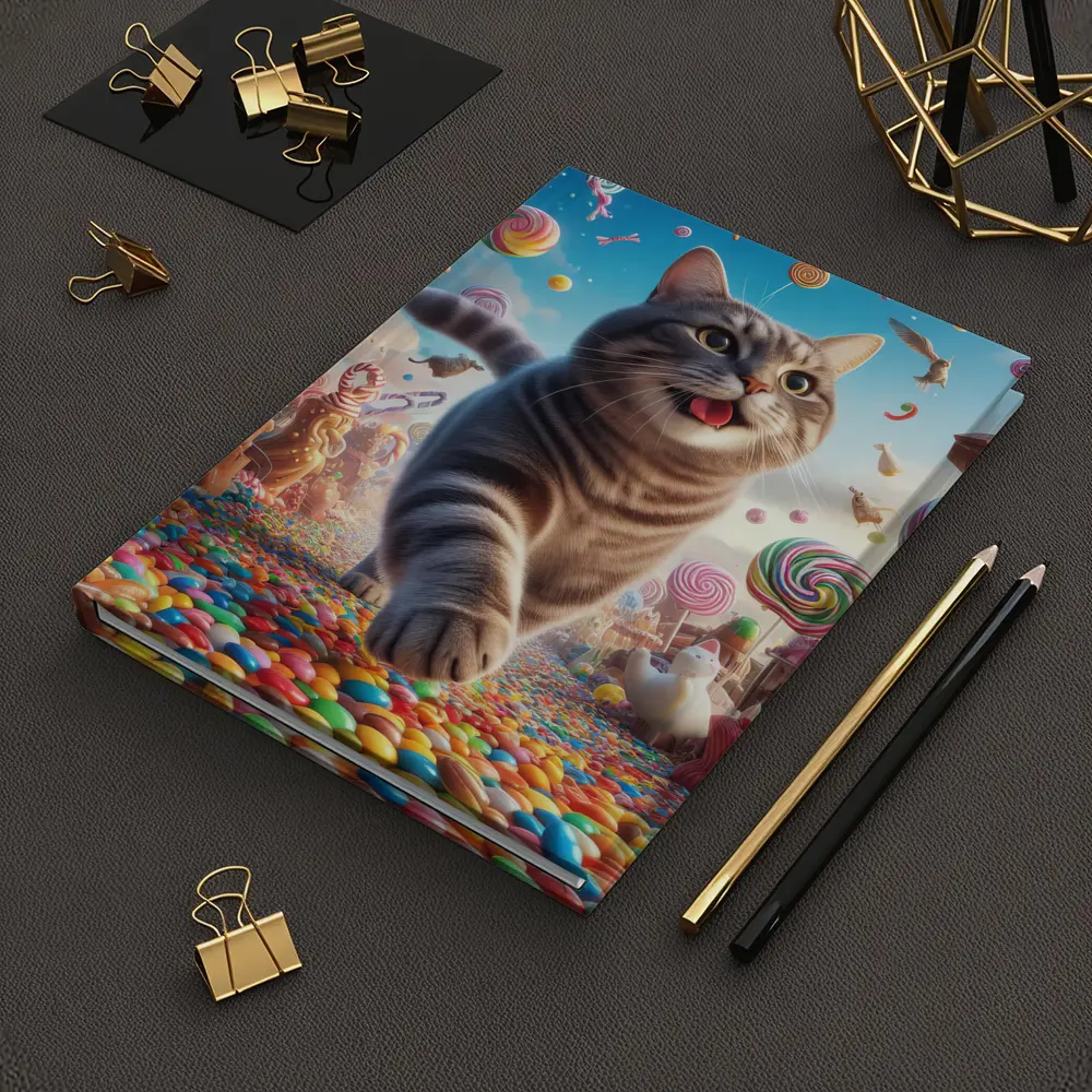Gray Tabby Cat Running Through Candy Land – Notebooks
