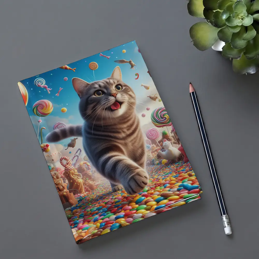 Gray Tabby Cat Running Through Candy Land – Notebooks