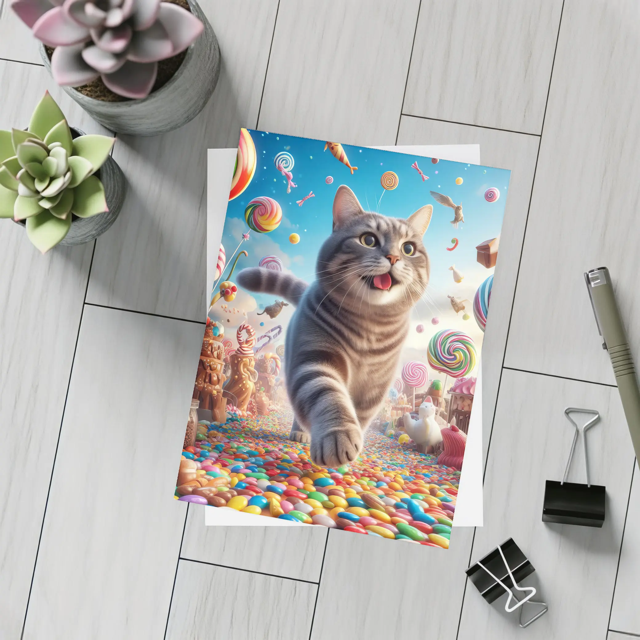 Gray Tabby Cat Running Through Candy Land – Postcards