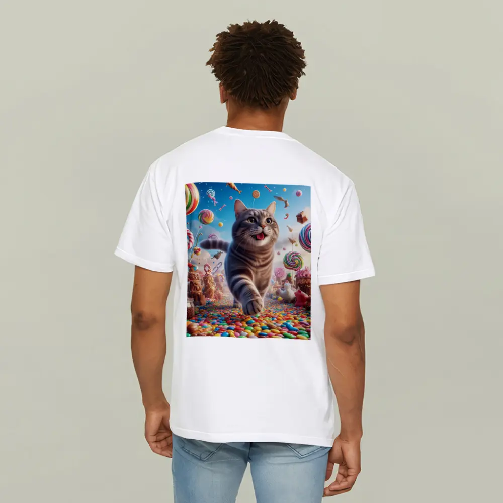Gray Tabby Cat Running Through Candy Land – T-Shirts