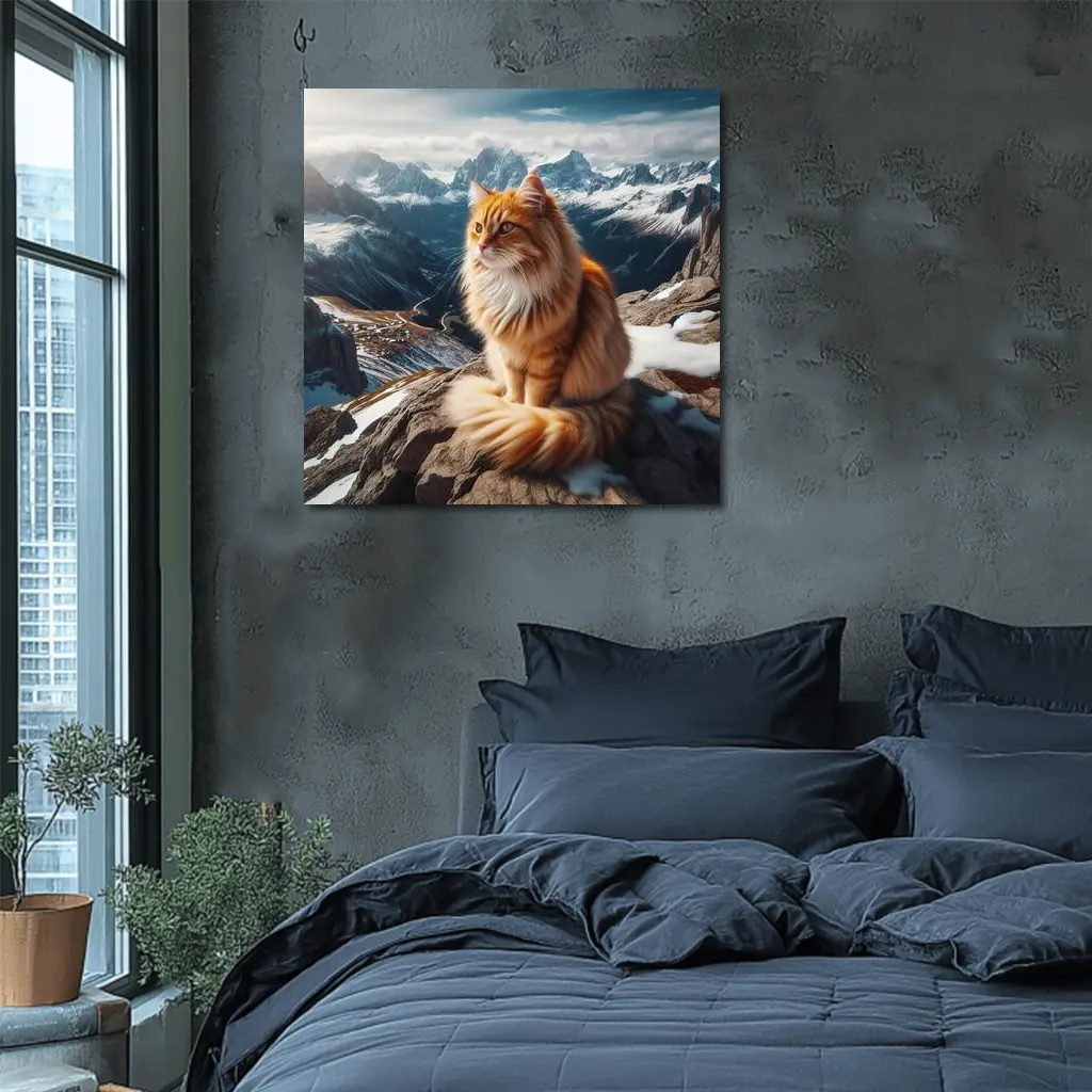 Orange Long Hair Cat Snowy Mountain Summit – Wall Art
