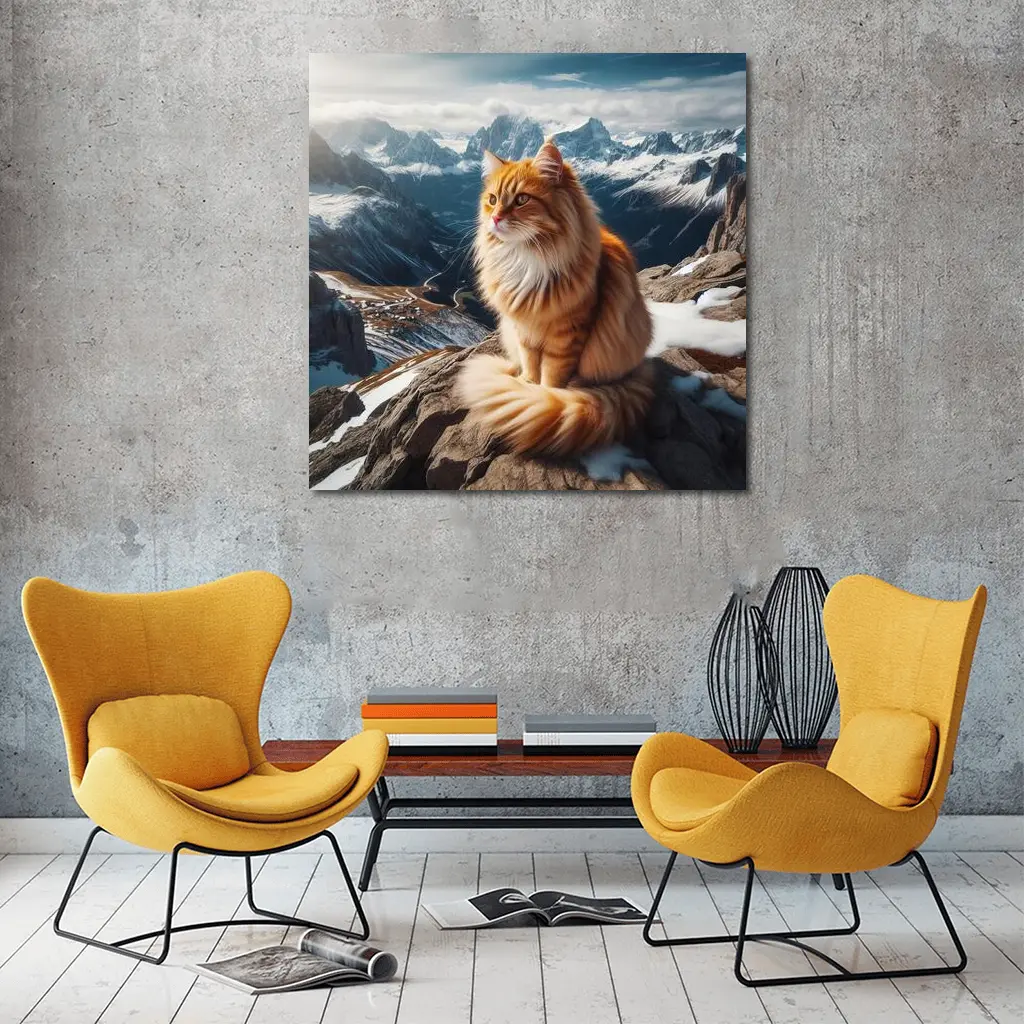 Orange Long Hair Cat Snowy Mountain Summit – Wall Art