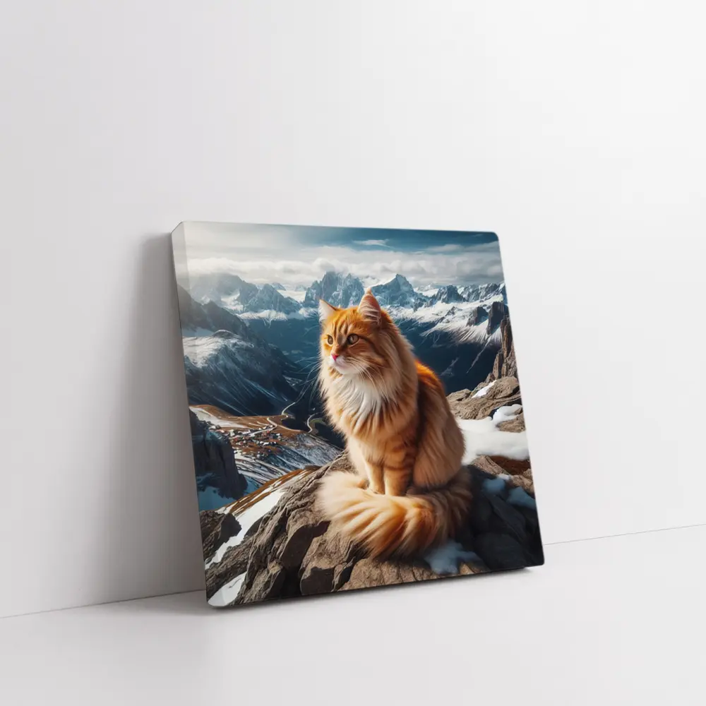 Orange Long Hair Cat Snowy Mountain Summit – Wall Art