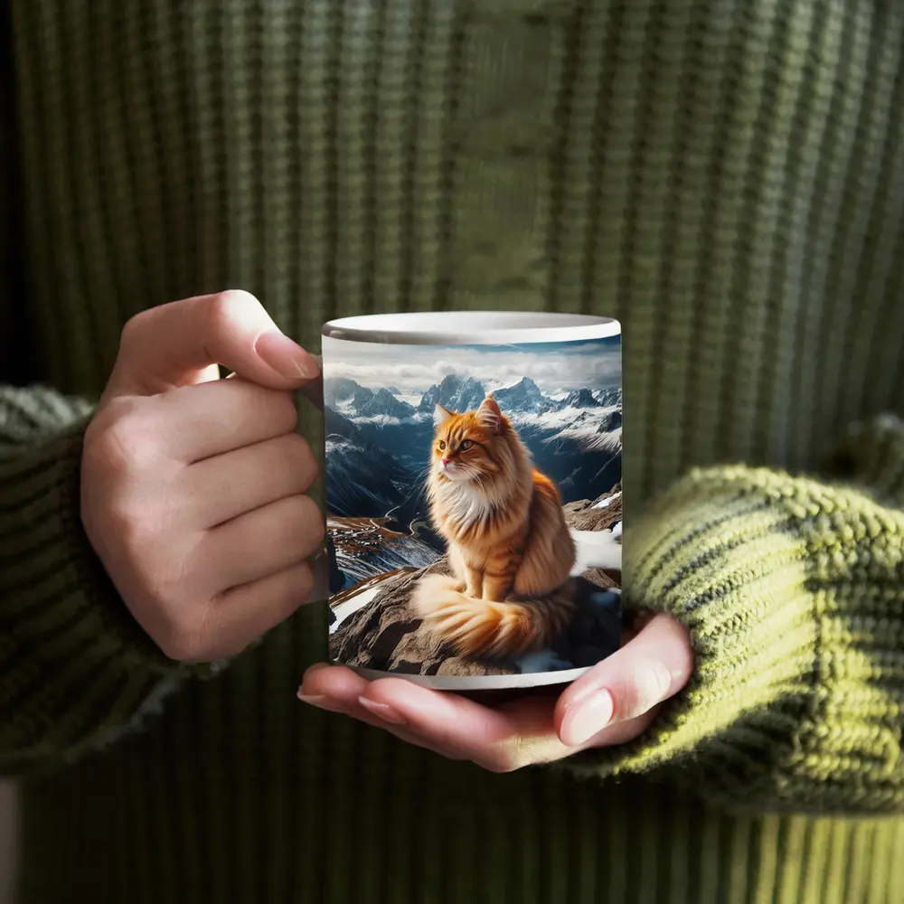 Orange Long Hair Cat Snowy Mountain Summit – Mugs