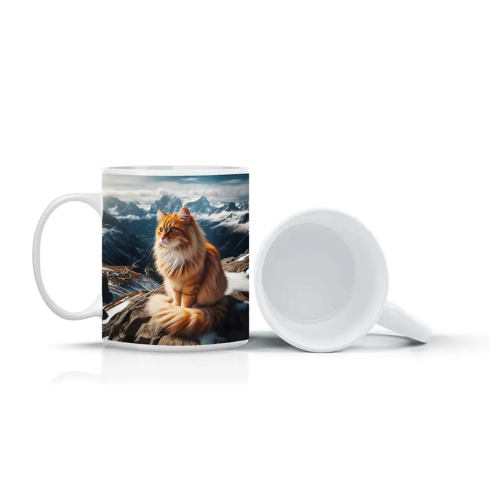 Orange Long Hair Cat Snowy Mountain Summit – Mugs