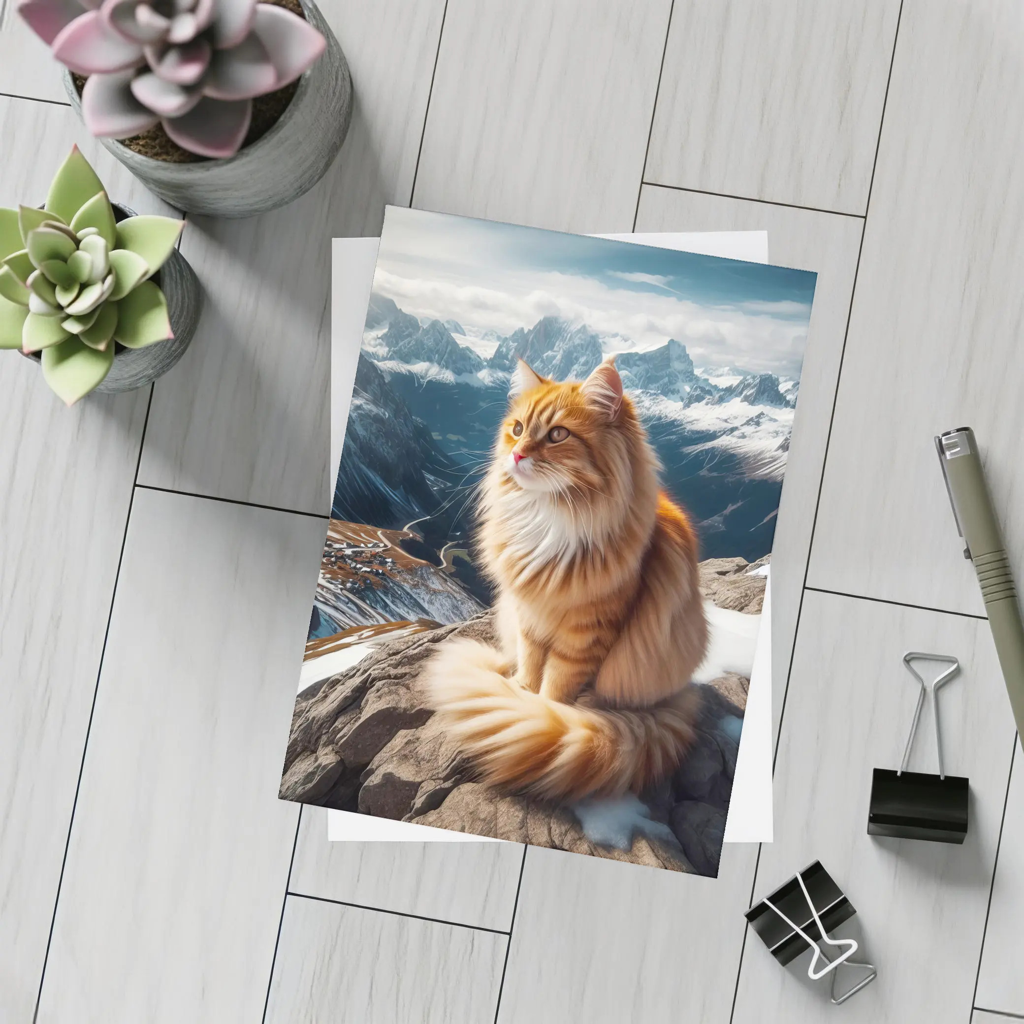 Orange Long Hair Cat Snowy Mountain Summit – Postcards
