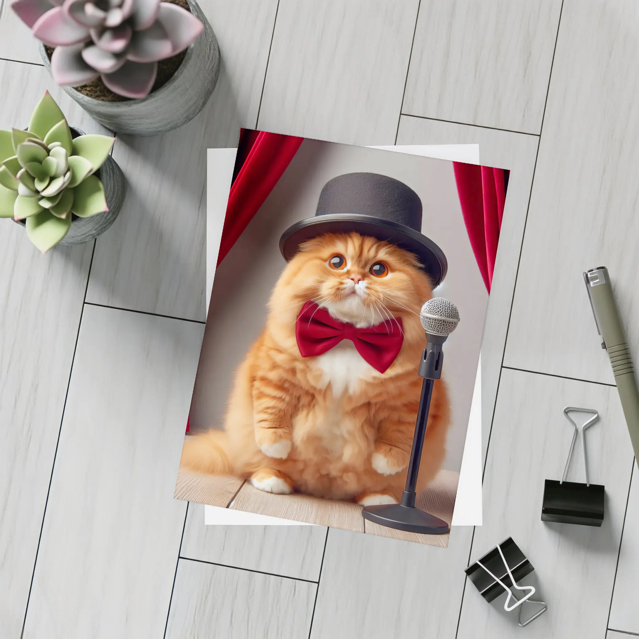 Orange Cat Top Hat Bow Tie Stage – Postcards