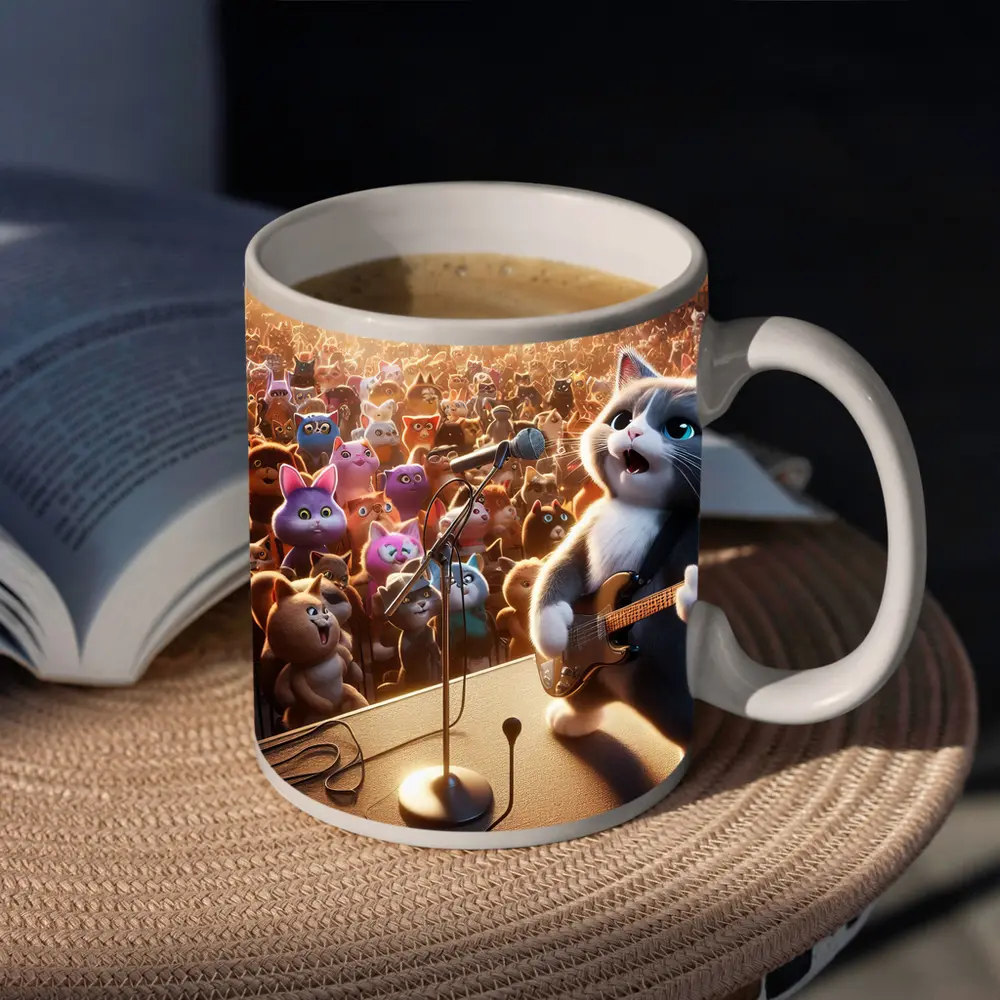 Cartoon Cat Guitarist Performing Live Concert Stage – Mugs
