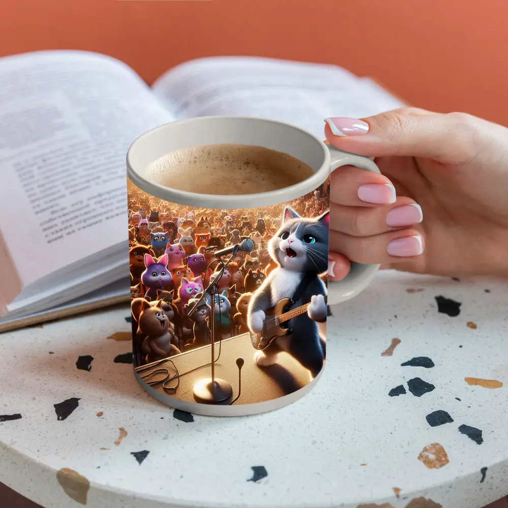 Cartoon Cat Guitarist Performing Live Concert Stage – Mugs